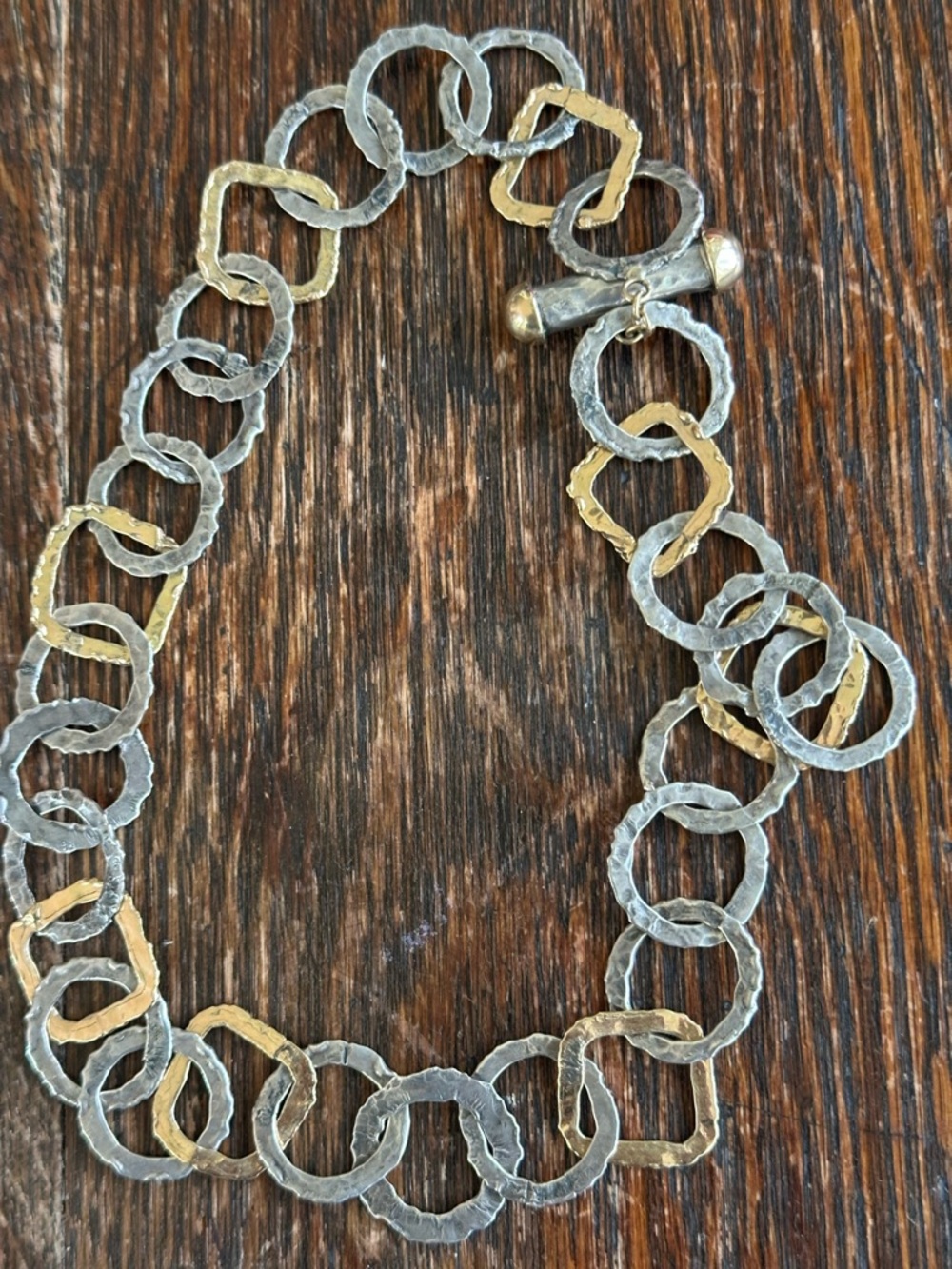 Two-Tone Hammered Link Necklace — Gold & Silver Finish